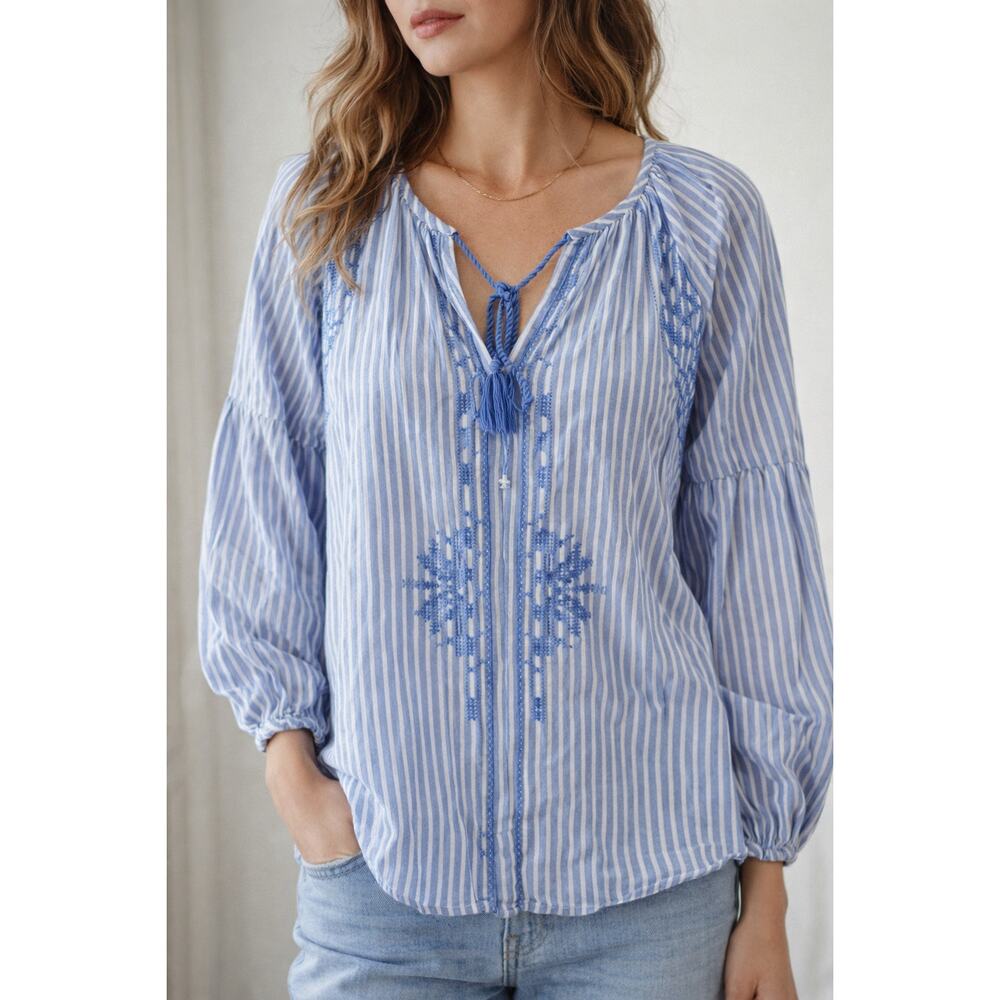 Ro's Garden Long Sleeve Striped Embroidered Blouse Shirt Blue Large